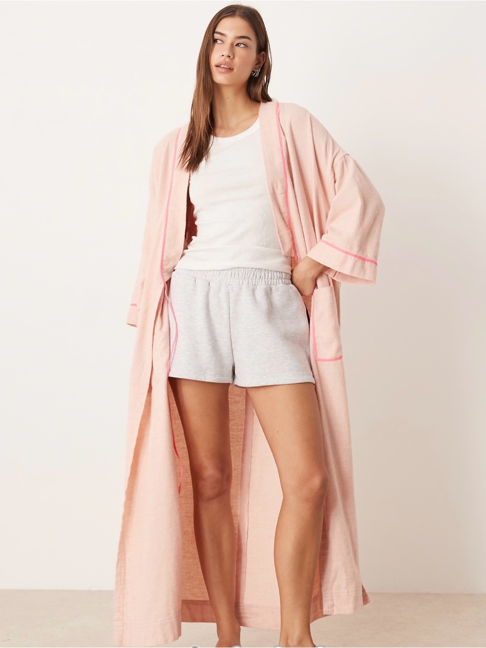 NWT 🍑 FREE PEOPLE Light Pink Peach Women's Flannel Long Robe size XS/S Cotton